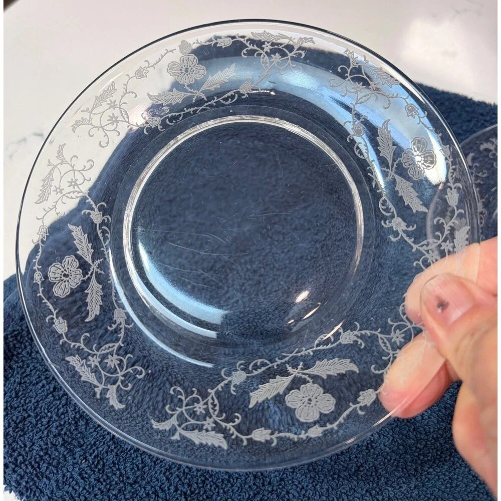 Set of 5 Vintage Clear Glass Etched Floral Salad / Dessert Plates (7-Inch)